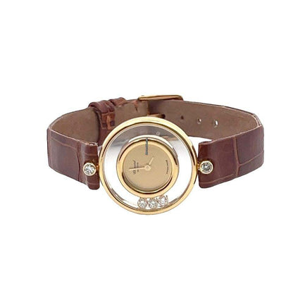 Chopard Happy Diamonds Quartz Women's Watch Yellow Gold Case With Leather Strap Authentic Luxury Timepiece