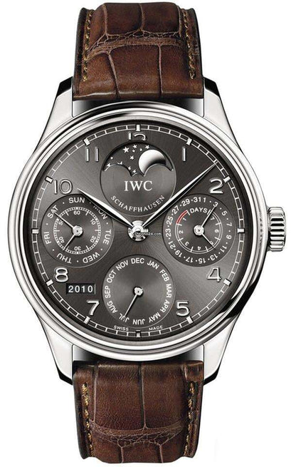 IWC Portuguese Perpetual Calendar Automatic Men's Watch White Gold Case With Leather Strap Authentic Luxury Timepiece