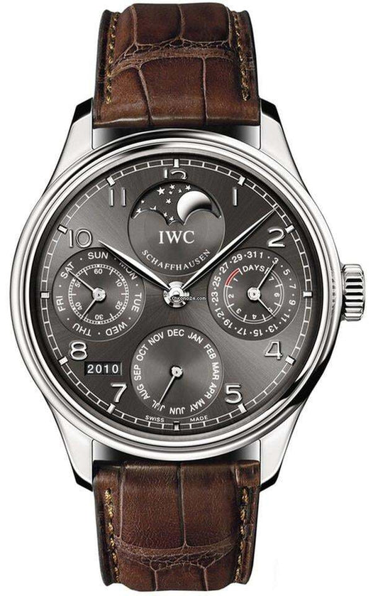 IWC Portuguese Perpetual Calendar Automatic Men's Watch White Gold Case With Leather Strap Authentic Luxury Timepiece