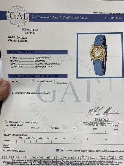 Chopard Happy Sport Quartz Women's Watch Yellow Gold Case With Leather Strap Authentic Luxury Timepiece