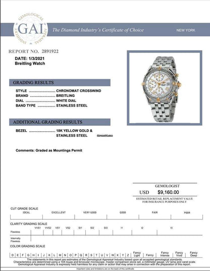 Breitling Crosswind Chronograph Automatic Men's Watch With Steel Case and Strap Authentic Luxury Timepiece