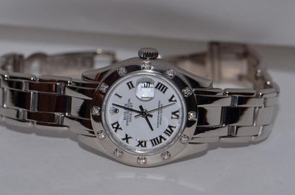 Rolex Lady-Datejust Pearlmaster Automatic Women's Watch With White Gold Case and Strap Authentic Luxury Timepiece