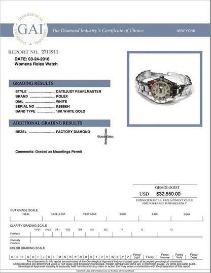 Rolex Lady-Datejust Pearlmaster Automatic Women's Watch With White Gold Case and Strap Authentic Luxury Timepiece