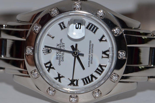 Rolex Lady-Datejust Pearlmaster Automatic Women's Watch With White Gold Case and Strap Authentic Luxury Timepiece