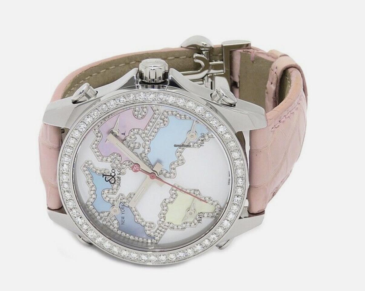 Jacob & Co. Five Time Zone Quartz Women's Watch Steel Case With Leather Strap Authentic Luxury Timepiece