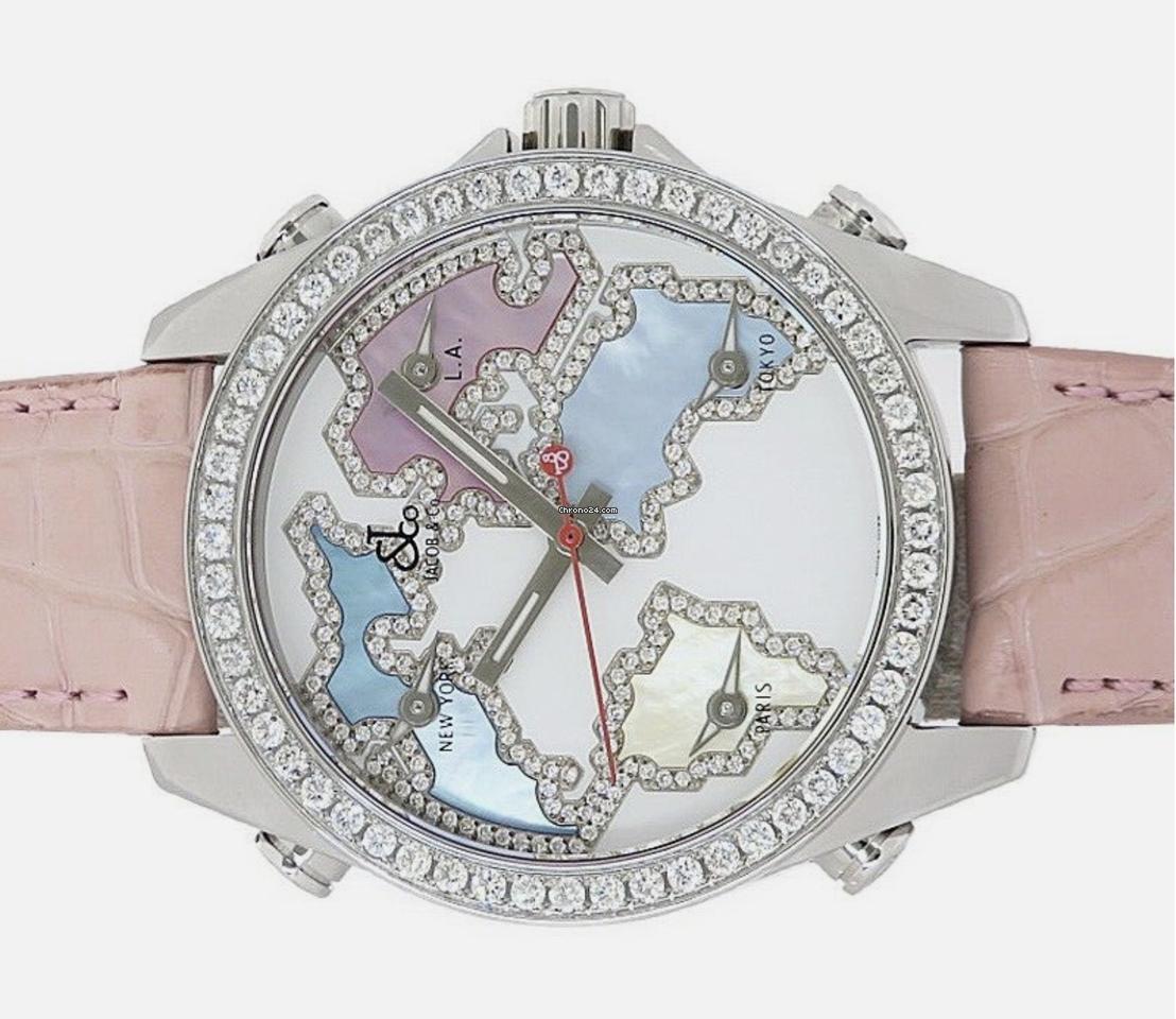 Jacob & Co. Five Time Zone Quartz Women's Watch Steel Case With Leather Strap Authentic Luxury Timepiece