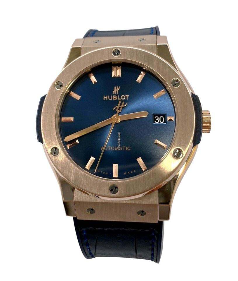 Hublot Classic Fusion Blue Automatic Men's Watch Rose Gold Case With Crocodile skin Strap Authentic Luxury Timepiece