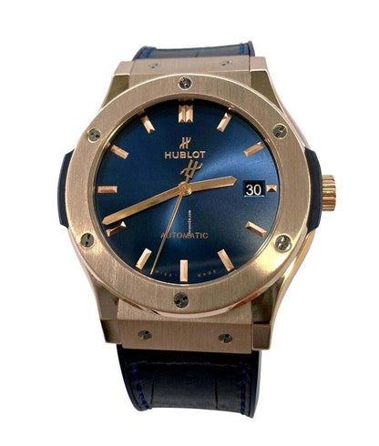 Hublot Classic Fusion Blue Automatic Men's Watch Rose Gold Case With Crocodile skin Strap Authentic Luxury Timepiece