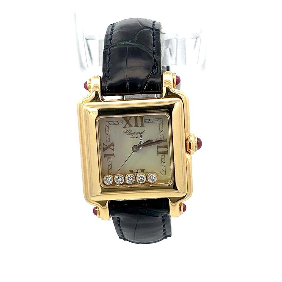 Chopard Happy Sport Quartz Women's Watch Yellow Gold Case With Leather Strap Authentic Luxury Timepiece