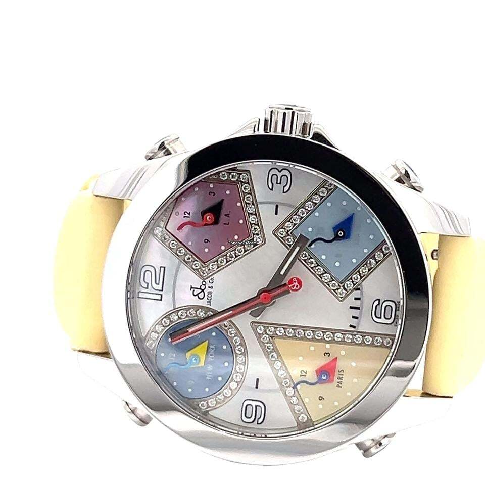Jacob & Co. Five Time Zone Quartz Men's Watch Steel Case With Leather Strap Authentic Luxury Timepiece