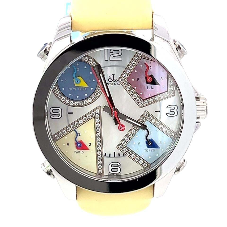 Jacob & Co. Five Time Zone Quartz Men's Watch Steel Case With Leather Strap Authentic Luxury Timepiece