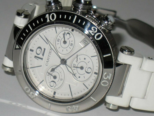 Cartier Pasha Seatimer Quartz Men's Watch Steel Case With Rubber Strap Authentic Luxury Timepiece