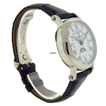 Patek Philippe Perpetual Calendar Automatic Men's Watch White Gold Case With Leather Strap Authentic Luxury Timepiece