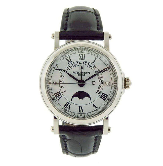 Patek Philippe Perpetual Calendar Automatic Men's Watch White Gold Case With Leather Strap Authentic Luxury Timepiece