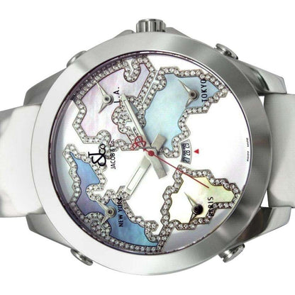 Jacob & Co. Five Time Zone Quartz Men's Watch Steel Case With Leather Strap Authentic Luxury Timepiece