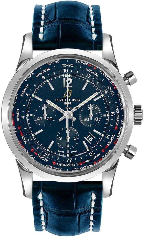 Breitling Transocean Unitime Pilot Automatic Men's Watch Steel Case With Leather Strap Authentic Luxury Timepiece