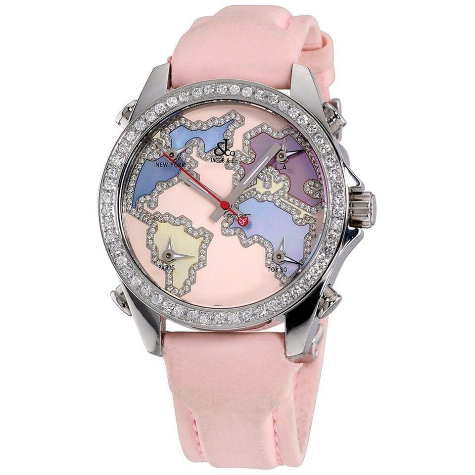 Jacob & Co. Five Time Zone Quartz Women's Watch Steel Case With Leather Strap Authentic Luxury Timepiece
