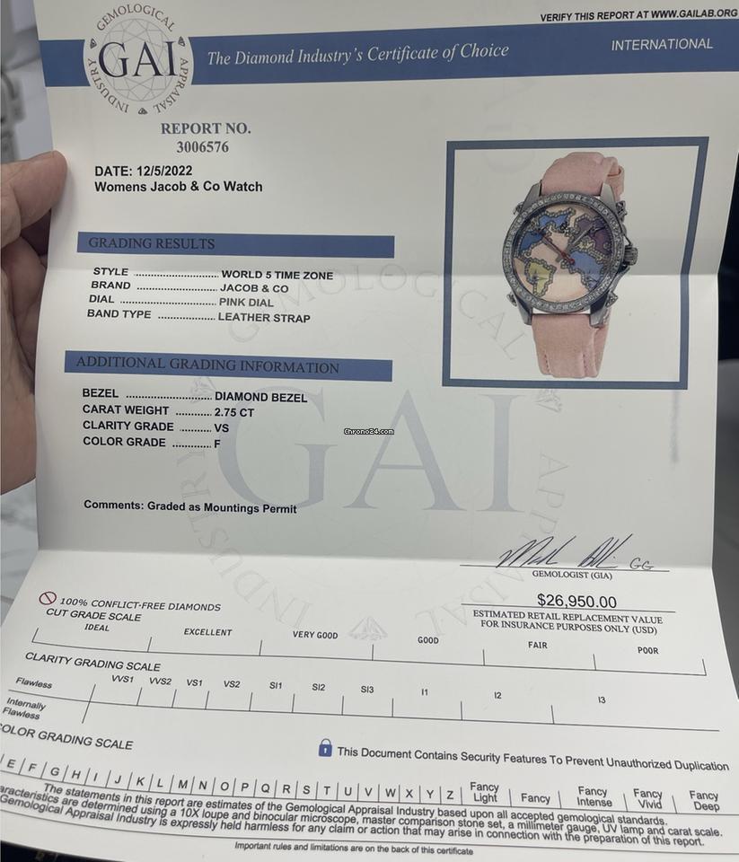 Jacob & Co. Five Time Zone Quartz Women's Watch Steel Case With Leather Strap Authentic Luxury Timepiece