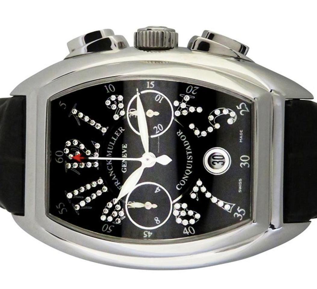 Franck Muller Conquistador Automatic Men's Watch Steel Case With Leather Strap Authentic Luxury Timepiece