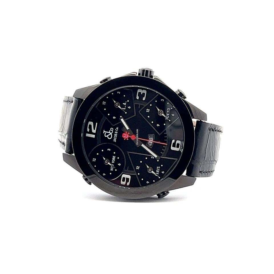 Jacob & Co. Five Time Zone Quartz Men's Watch Steel Case With Leather Strap Authentic Luxury Timepiece