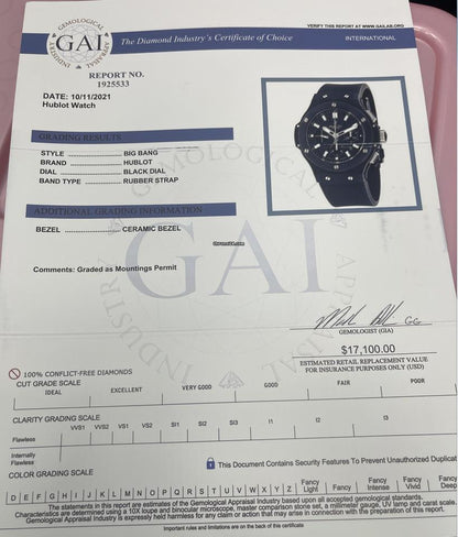 Hublot Big Bang 44 mm Automatic Men's Watch Ceramic Case With Leather Strap Authentic Luxury Timepiece