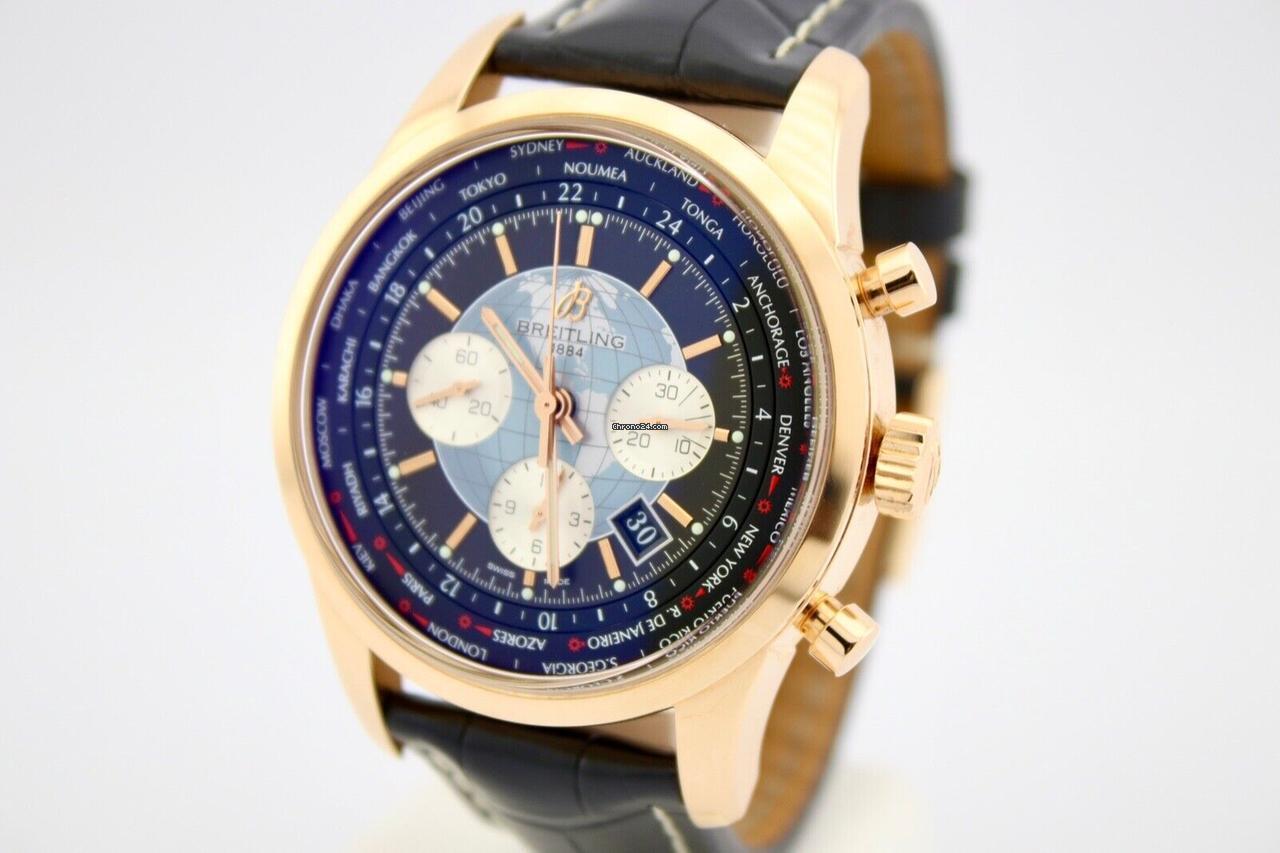 Breitling Transocean Chronograph Unitime Automatic Men's Watch Rose Gold Case With Leather Strap Authentic Luxury Timepiece