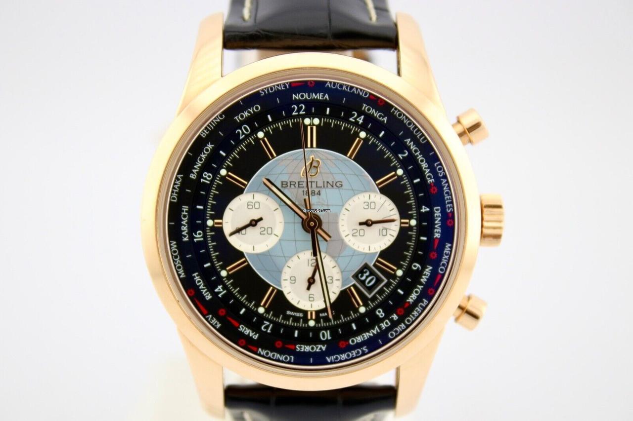 Breitling Transocean Chronograph Unitime Automatic Men's Watch Rose Gold Case With Leather Strap Authentic Luxury Timepiece