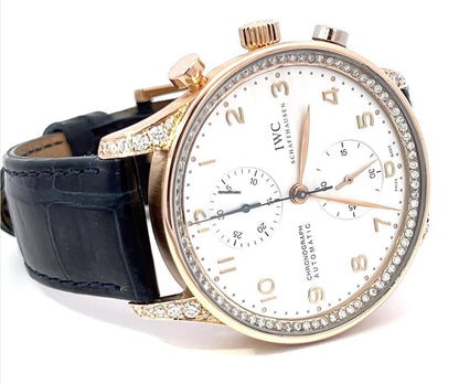 IWC Portuguese Chronograph Automatic Men's Watch Red Gold Case With Leather Strap Authentic Luxury Timepiece