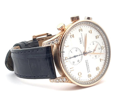 IWC Portuguese Chronograph Automatic Men's Watch Red Gold Case With Leather Strap Authentic Luxury Timepiece