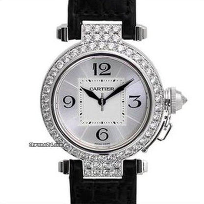 Cartier Pasha Quartz Women's Watch White Gold Case With Leather Strap Authentic Luxury Timepiece