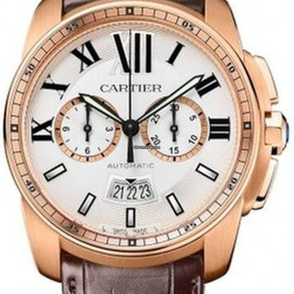Cartier Calibre de Cartier Chronograph Automatic Men's Watch Rose Gold Case With Leather Strap Authentic Luxury Timepiece