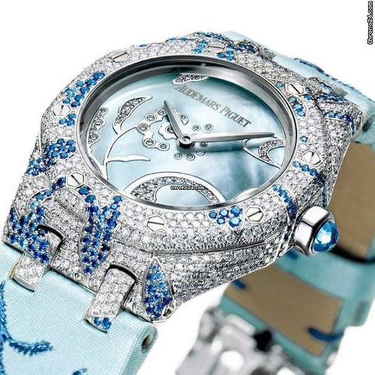 Audemars Piguet Royal Oak Lady Quartz Women's Watch White Gold Case With Satin Strap Authentic Luxury Timepiece