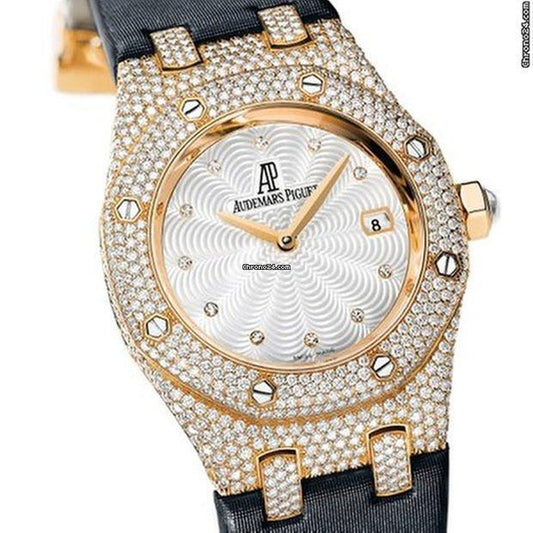 Audemars Piguet Royal Oak Lady Quartz Women's Watch Rose Gold Case With Satin Strap Authentic Luxury Timepiece
