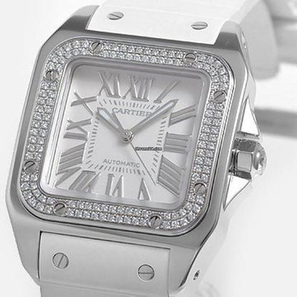 Cartier Santos 100 Automatic Women's Watch White Gold Case With Rubber Strap Authentic Luxury Timepiece