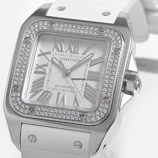Cartier Santos 100 Automatic Women's Watch White Gold Case With Rubber Strap Authentic Luxury Timepiece