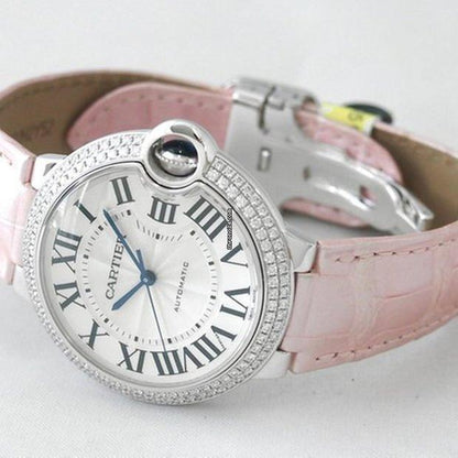Cartier Ballon Bleu 36mm Automatic Women's Watch White Gold Case With Leather Strap Authentic Luxury Timepiece