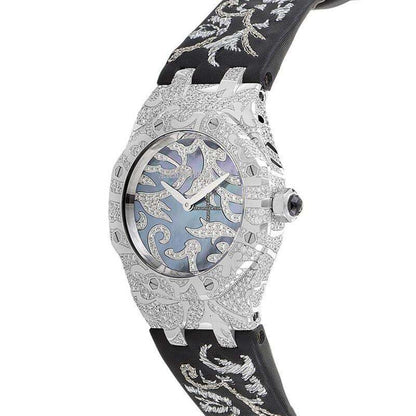 Audemars Piguet Royal Oak Lady Quartz Women's Watch White Gold Case With Satin Strap Authentic Luxury Timepiece