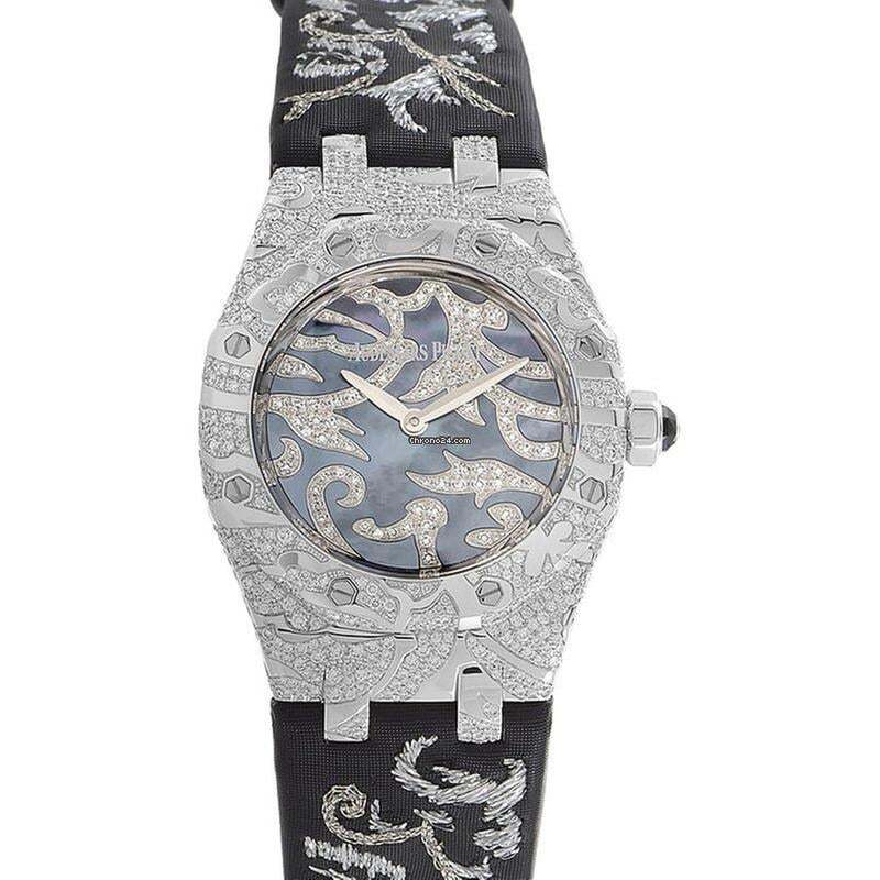 Audemars Piguet Royal Oak Lady Quartz Women's Watch White Gold Case With Satin Strap Authentic Luxury Timepiece