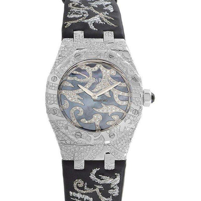 Audemars Piguet Royal Oak Lady Quartz Women's Watch White Gold Case With Satin Strap Authentic Luxury Timepiece