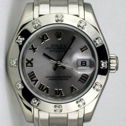 Rolex Lady-Datejust Pearlmaster Automatic Women's Watch With White Gold Case and Strap Authentic Luxury Timepiece