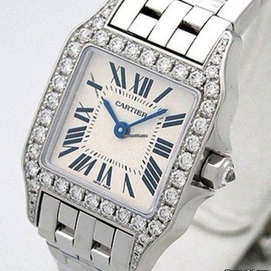 Cartier Santos Demoiselle Quartz Women's Watch With White Gold Case and Strap Authentic Luxury Timepiece