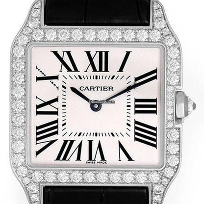 Cartier Santos Dumont Quartz Women's Watch White Gold Case With Leather Strap Authentic Luxury Timepiece