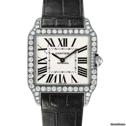 Cartier Santos Dumont Quartz Women's Watch White Gold Case With Leather Strap Authentic Luxury Timepiece