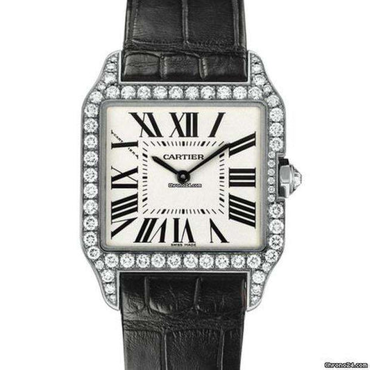 Cartier Santos Dumont Quartz Women's Watch White Gold Case With Leather Strap Authentic Luxury Timepiece