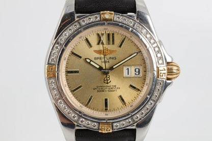 Breitling Chronomat Automatic Men's Watch Gold/Steel Case With Leather Strap Authentic Luxury Timepiece