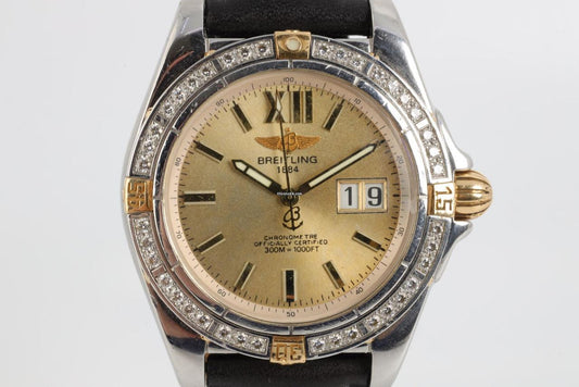 Breitling Chronomat Automatic Men's Watch Gold/Steel Case With Leather Strap Authentic Luxury Timepiece