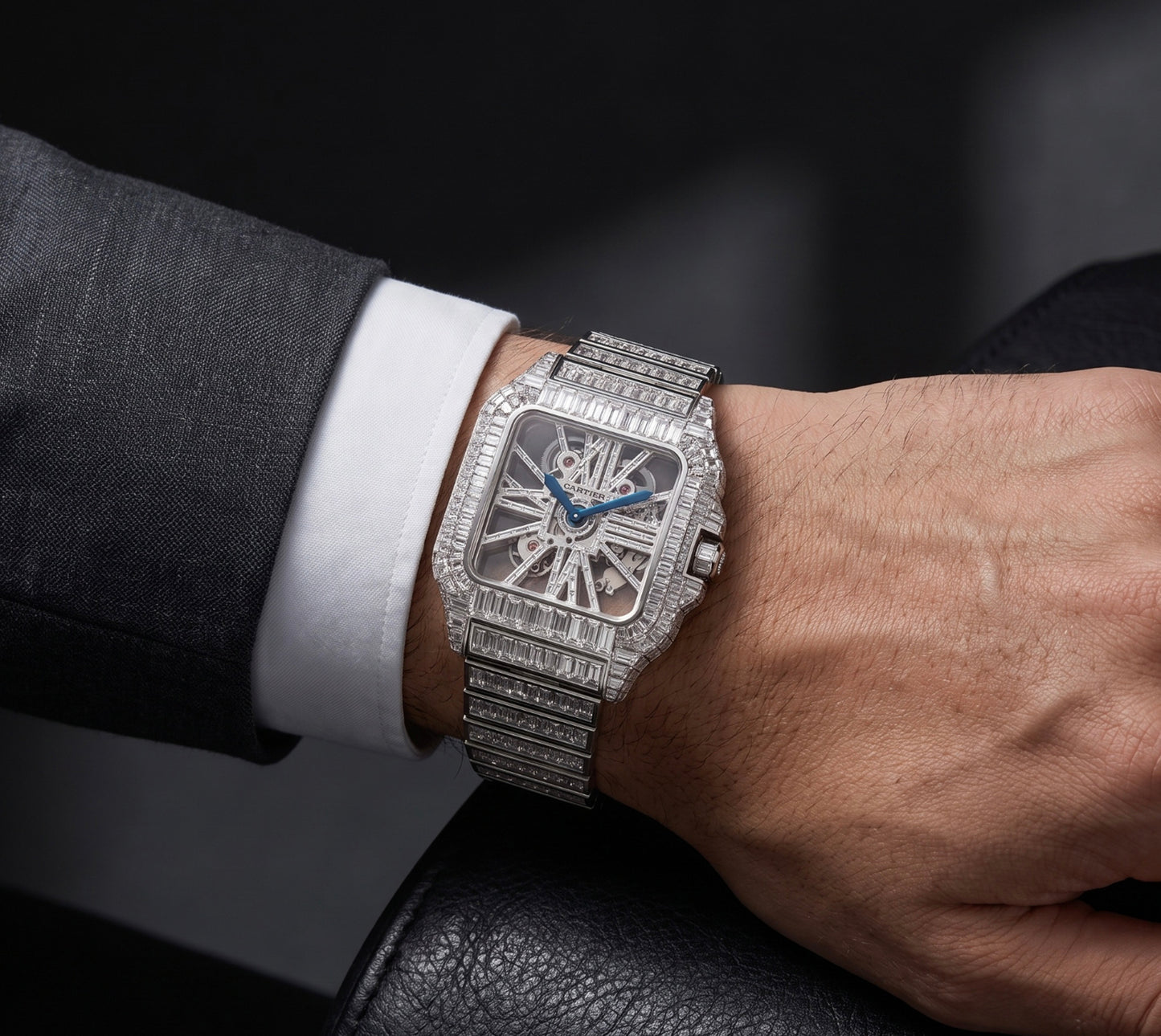 Cartier Santos Manual winding Men's Watch With White Gold Case and Strap Authentic Luxury Timepiece