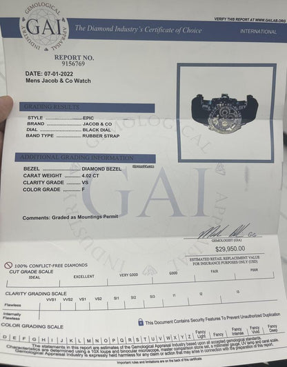 Jacob & Co. Automatic Men's Watch Steel Case With Rubber Strap Authentic Luxury Timepiece