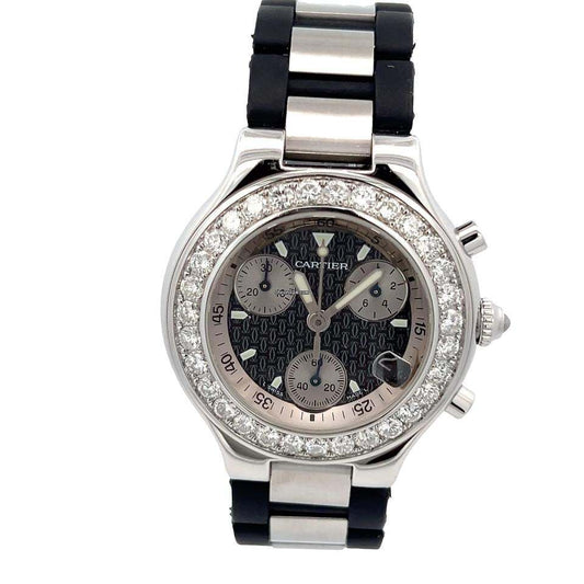 Cartier 21 Chronoscaph Quartz Men's Watch Steel Case With Rubber Strap Authentic Luxury Timepiece