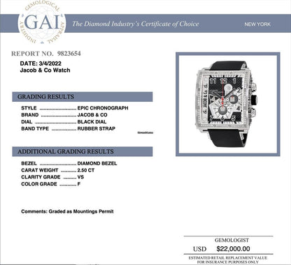 Jacob & Co. Automatic Men's Watch Steel Case With Rubber Strap Authentic Luxury Timepiece